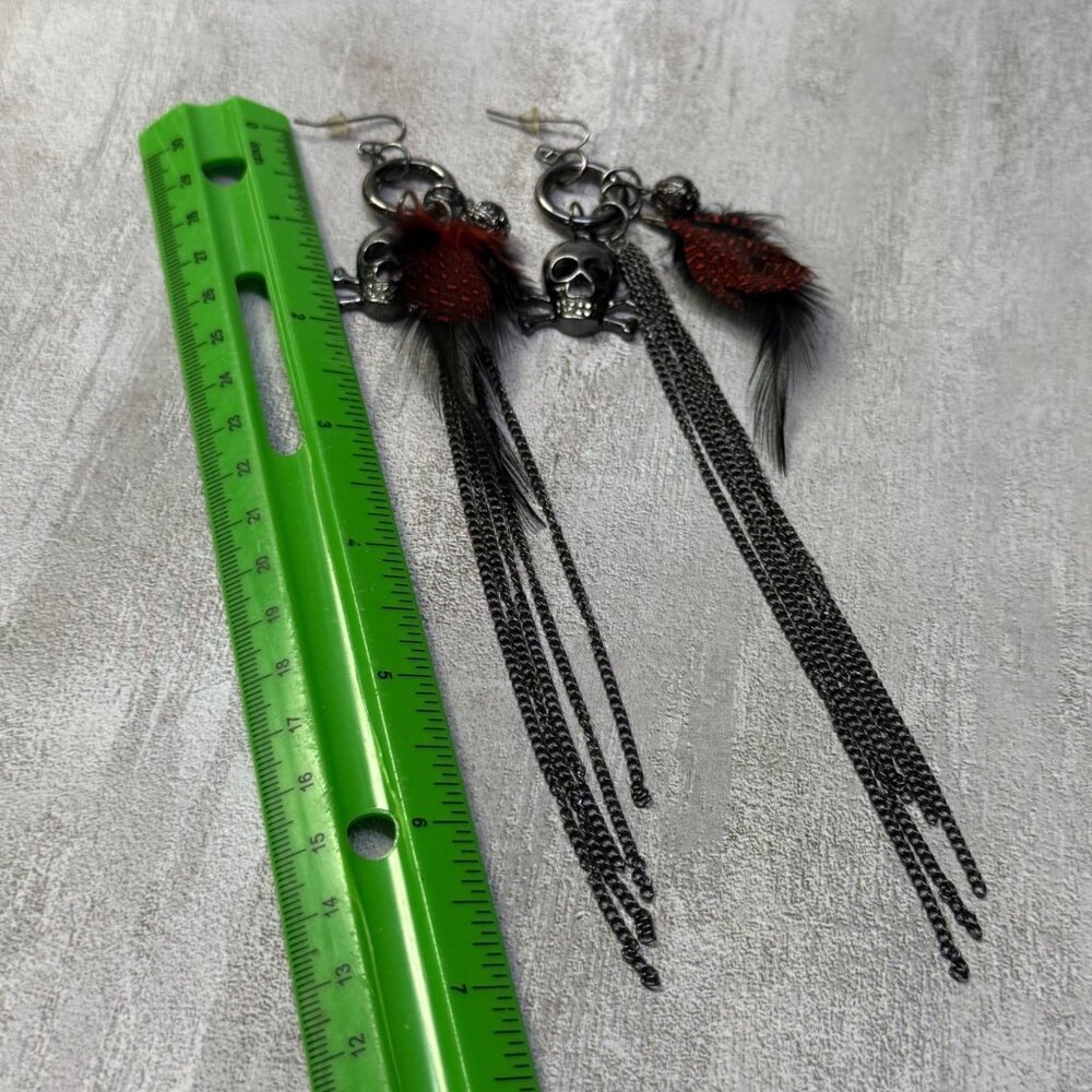 Gothic Skull Dangle Earrings Chain Red Feathers Crystal Accent Boho Punk Jewelry - Picture 13 of 16